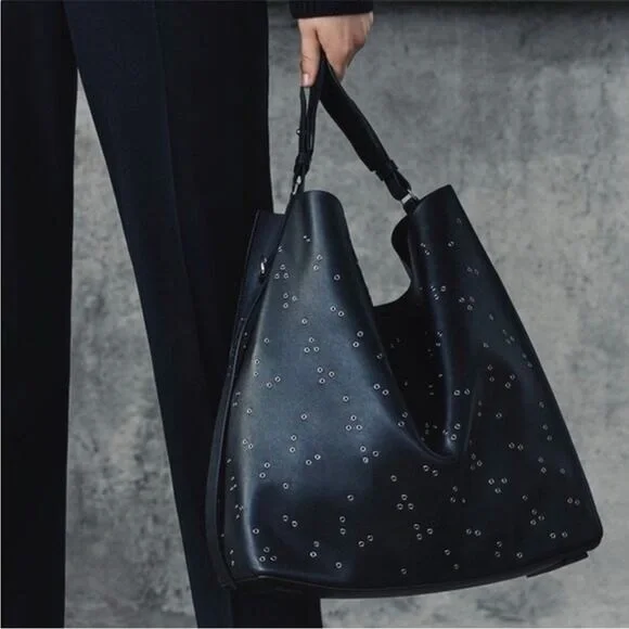 All Saints Black Junai North South Leather Studded Shoulder Tote Bag - Picture 3 of 15